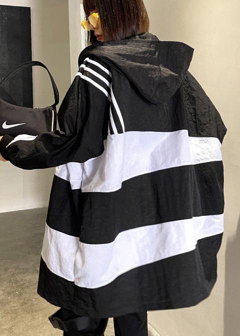 French Black White Cotton Cinched zippered Hoodies Outwear Spring - SooLinen