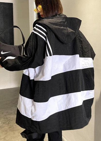 French Black White Cotton Cinched zippered Hoodies Outwear Spring - SooLinen