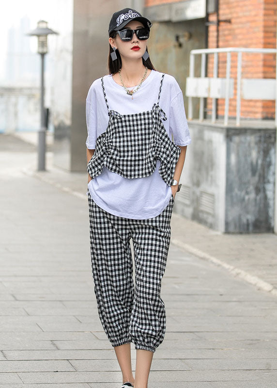 French Black White Plaid O-Neck Print Fall Two Piece Set Half Sleeve