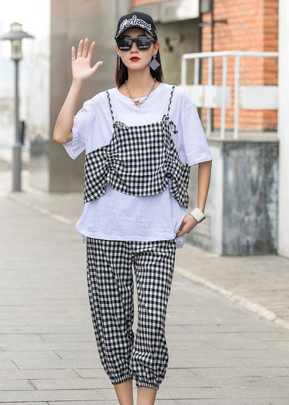 French Black White Plaid O-Neck Print Fall Two Piece Set Half Sleeve