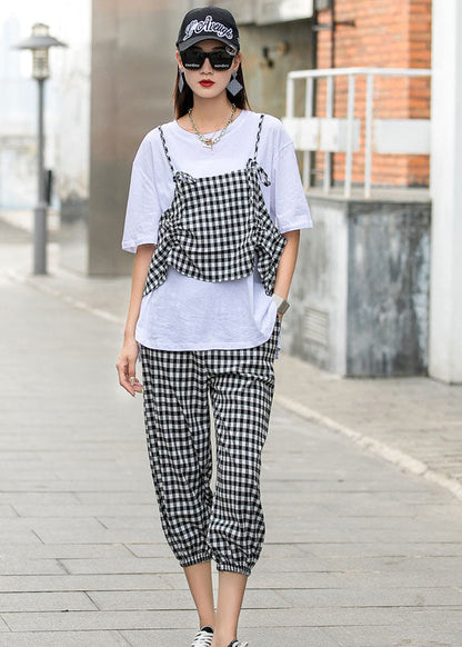 French Black White Plaid O-Neck Print Fall Two Piece Set Half Sleeve