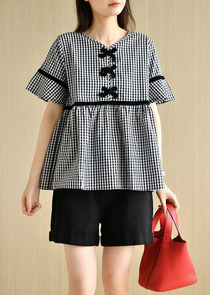 French Black White Plaid V Neck Casual Summer Cotton Top Short Sleeve - SooLinen