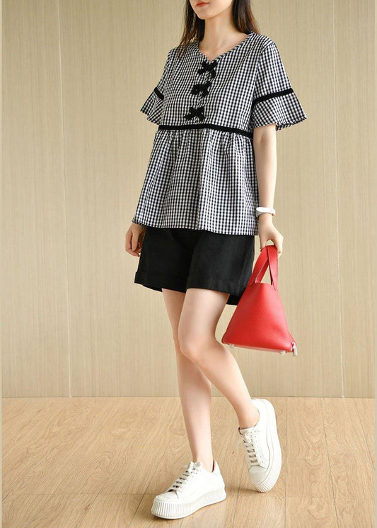 French Black White Plaid V Neck Casual Summer Cotton Top Short Sleeve - SooLinen