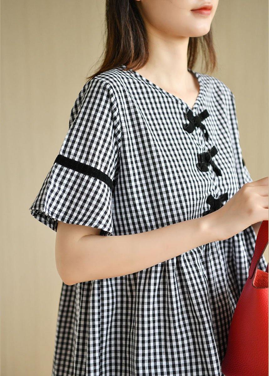 French Black White Plaid V Neck Casual Summer Cotton Top Short Sleeve - SooLinen