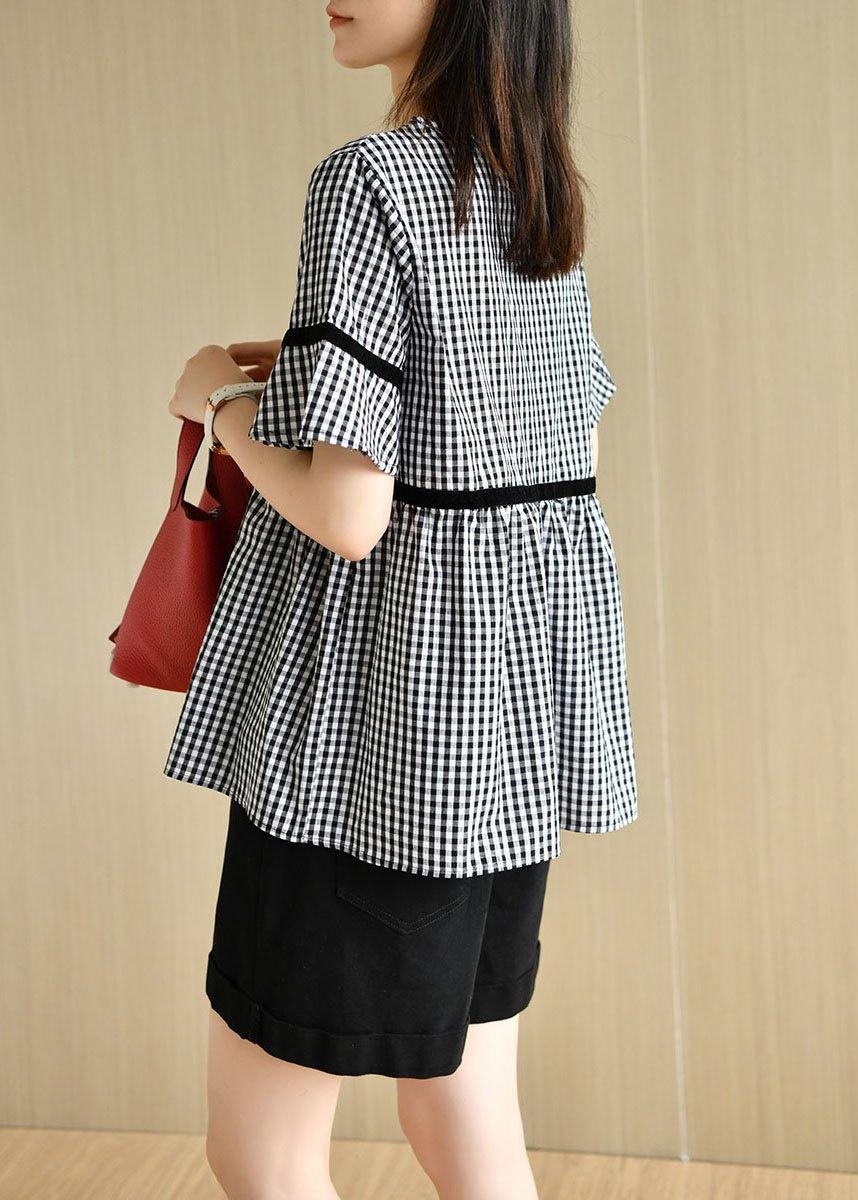 French Black White Plaid V Neck Casual Summer Cotton Top Short Sleeve - SooLinen