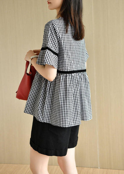French Black White Plaid V Neck Casual Summer Cotton Top Short Sleeve - SooLinen