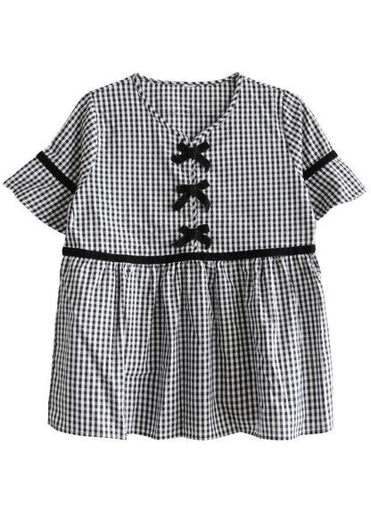 French Black White Plaid V Neck Casual Summer Cotton Top Short Sleeve - SooLinen