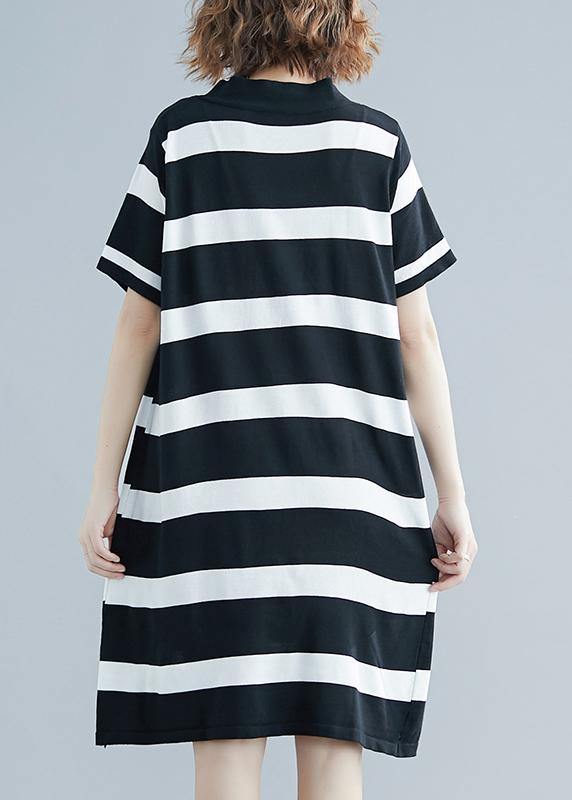 French Black White Wide Striped Cotton Bow Summer Dress - SooLinen
