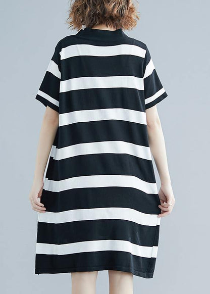 French Black White Wide Striped Cotton Bow Summer Dress - SooLinen