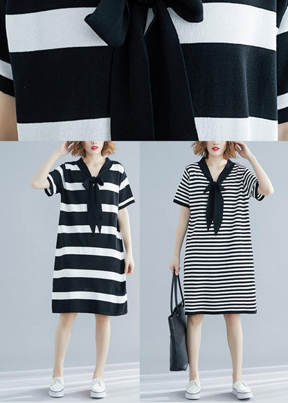 French Black White Wide Striped Cotton Bow Summer Dress - SooLinen