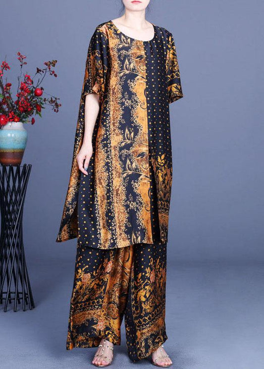 French Black Yellow Print Silk Wide Leg Two Pieces Set - SooLinen