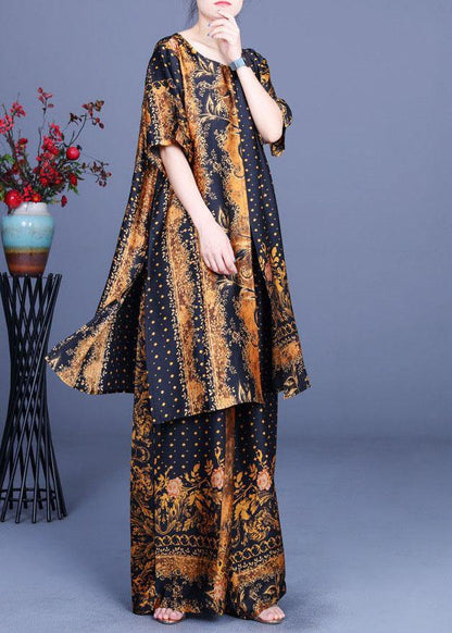French Black Yellow Print Silk Wide Leg Two Pieces Set - SooLinen