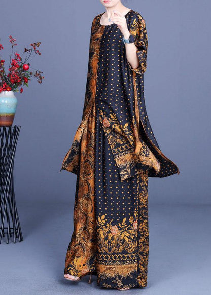 French Black Yellow Print Silk Wide Leg Two Pieces Set - SooLinen
