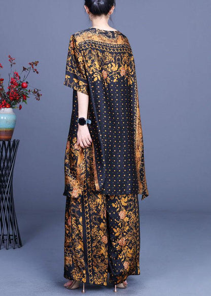 French Black Yellow Print Silk Wide Leg Two Pieces Set - SooLinen
