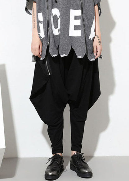 Französische schwarze lockere Baumwollhose mit Reißverschluss