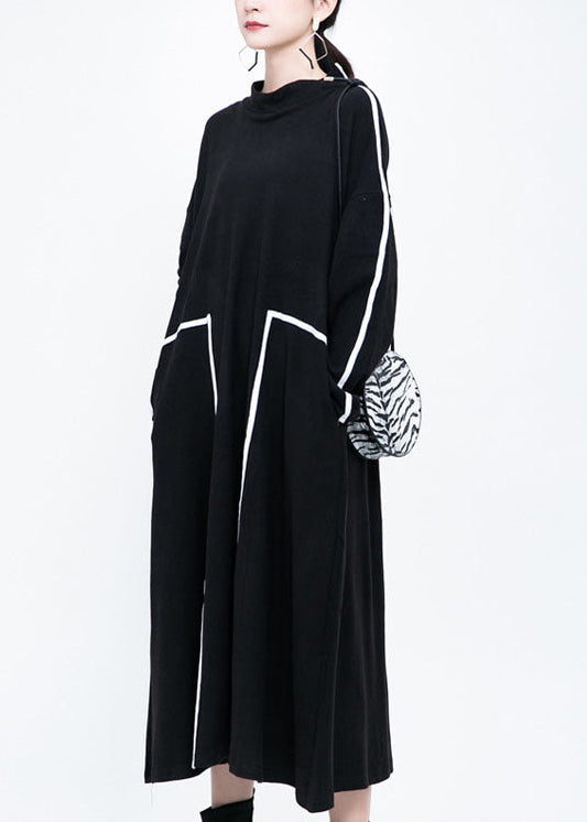 Französisch Schwarz retro Patchwork Herbst Lange Kleider Langarm