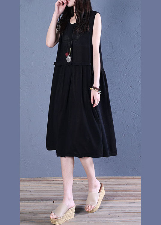 Französisches schwarzes, faltiges Patchwork-Leinen-Feiertagskleid ärmellos