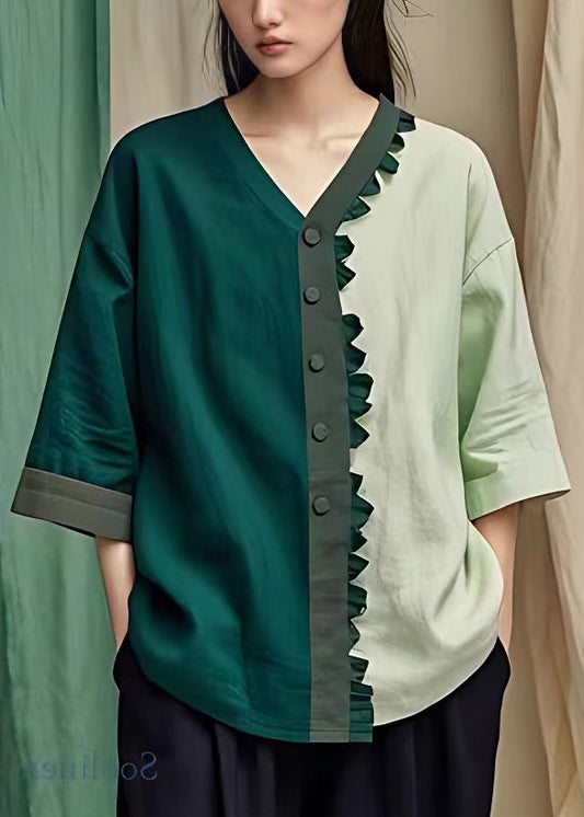 Französisches, schwärzlich-grünes Patchwork-Oberteil aus Baumwolle mit V-Ausschnitt und Knöpfen sowie Armbandärmeln