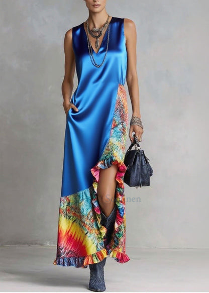 French Blue Asymmetrical Patchwork Print Silk Vacation Dress Sleeveless