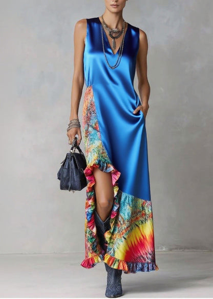 French Blue Asymmetrical Patchwork Print Silk Vacation Dress Sleeveless
