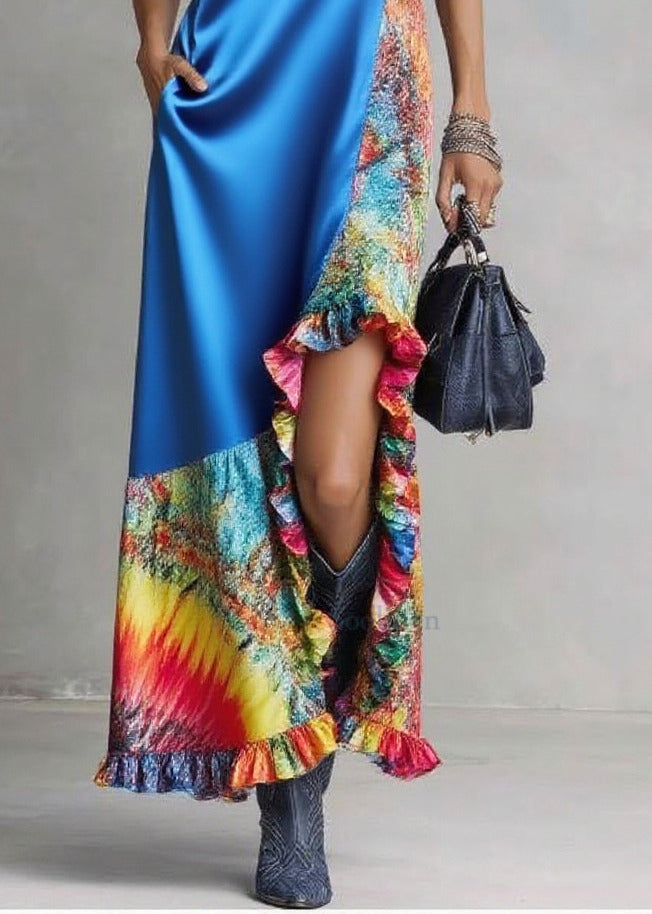 French Blue Asymmetrical Patchwork Print Silk Vacation Dress Sleeveless