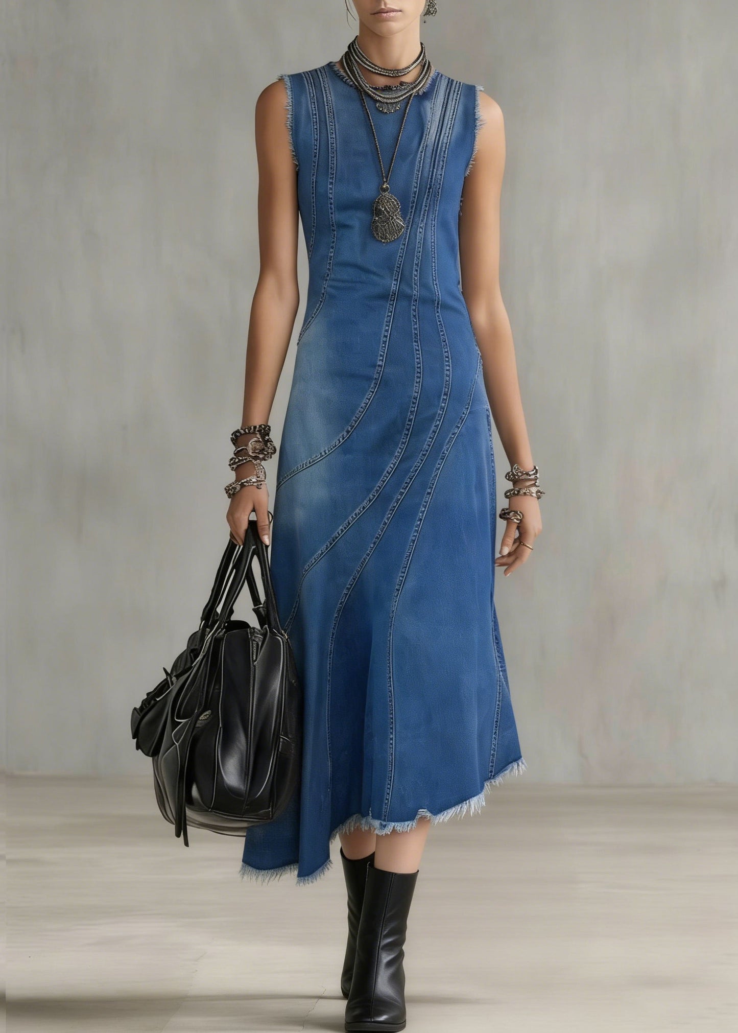 French Blue Asymmetrical Striped Denim Long Dresses Summer