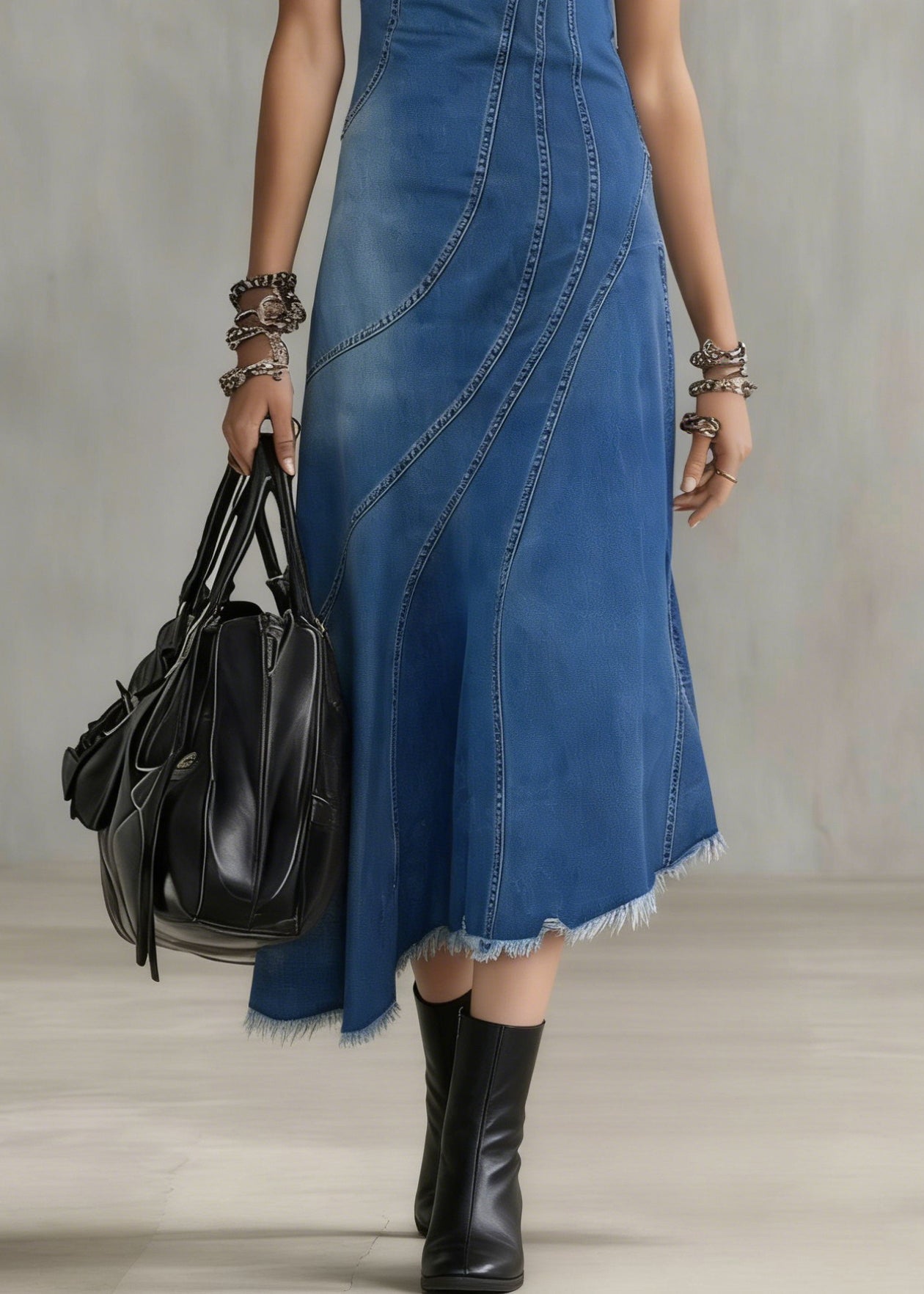 French Blue Asymmetrical Striped Denim Long Dresses Summer