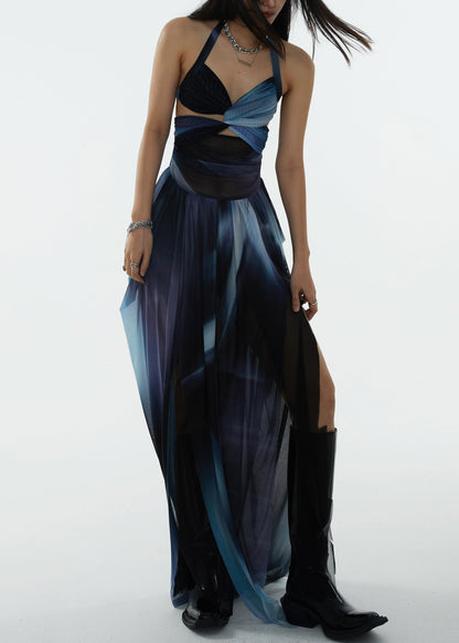 Französisches blaues rückenfreies Schnürkleid mit seitlichem offenem Tüllkleid für den Sommer