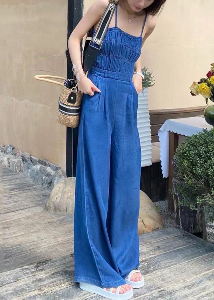 French Blue Backless Pockets Denim Spaghetti Strap Jumpsuit Sleeveless