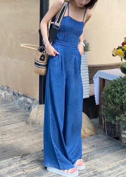 French Blue Backless Pockets Denim Spaghetti Strap Jumpsuit Sleeveless