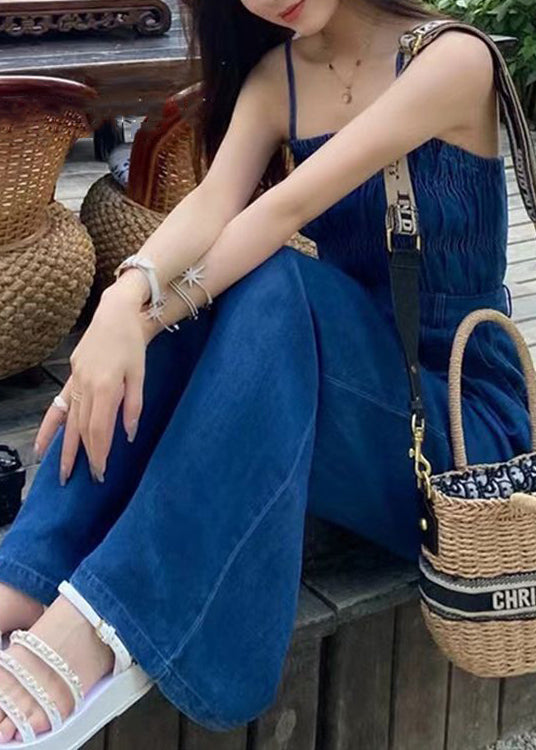 French Blue Backless Pockets Denim Spaghetti Strap Jumpsuit Sleeveless