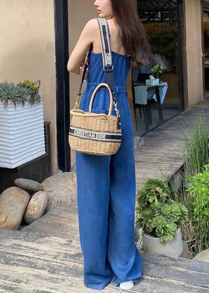 French Blue Backless Pockets Denim Spaghetti Strap Jumpsuit Sleeveless