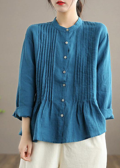 French Blue Blouse Stand Collar Cinched Art Spring Top - SooLinen