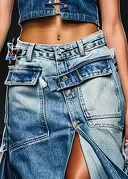 Französischer blauer Knopftaschen vorne offener Jeansrock Sommer