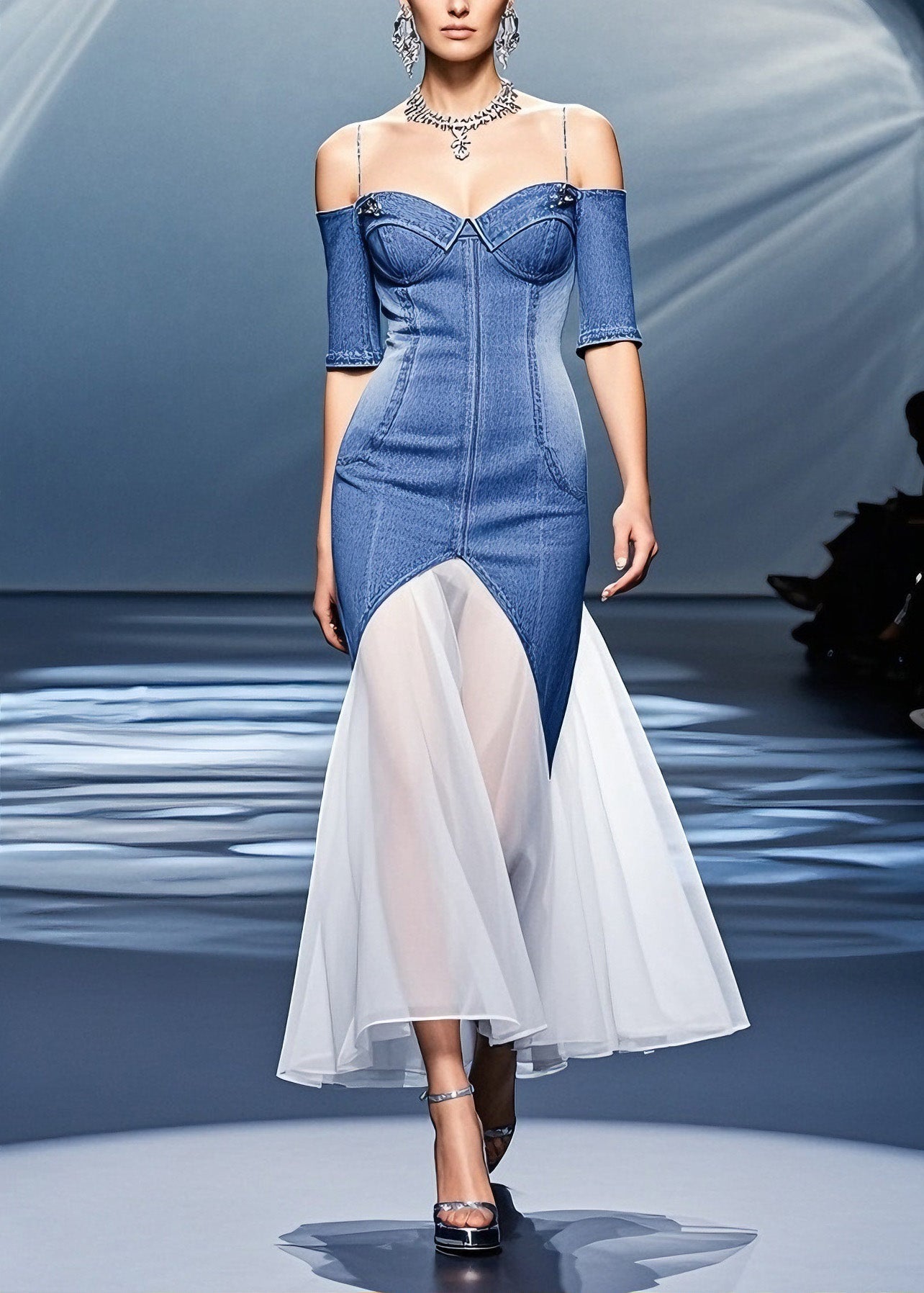 French Blue Cold Shoulder Tulle Patchwork Denim Dress Summer