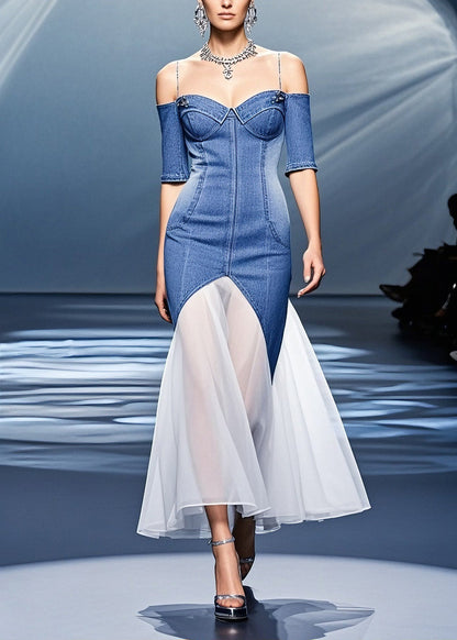 French Blue Cold Shoulder Tulle Patchwork Denim Dress Summer