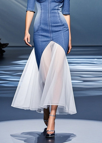 French Blue Cold Shoulder Tulle Patchwork Denim Dress Summer