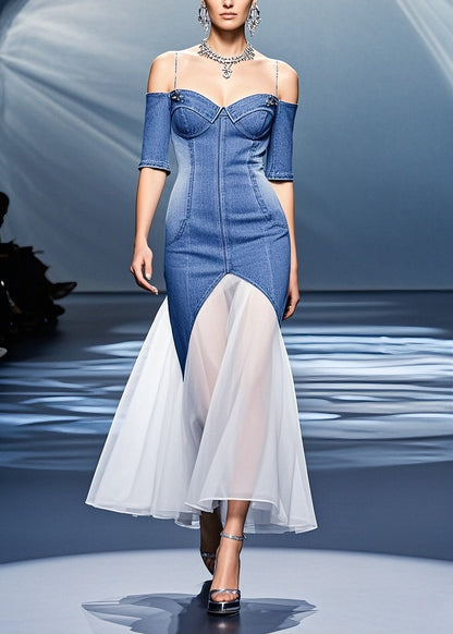 French Blue Cold Shoulder Tulle Patchwork Denim Dress Summer
