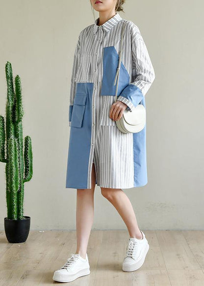 French Blue Cotton Dress Striped Patchwork Dress - SooLinen