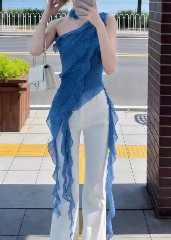 French Blue Dot One Shoulder Asymmetrical Chiffon Tank Sleeveless
