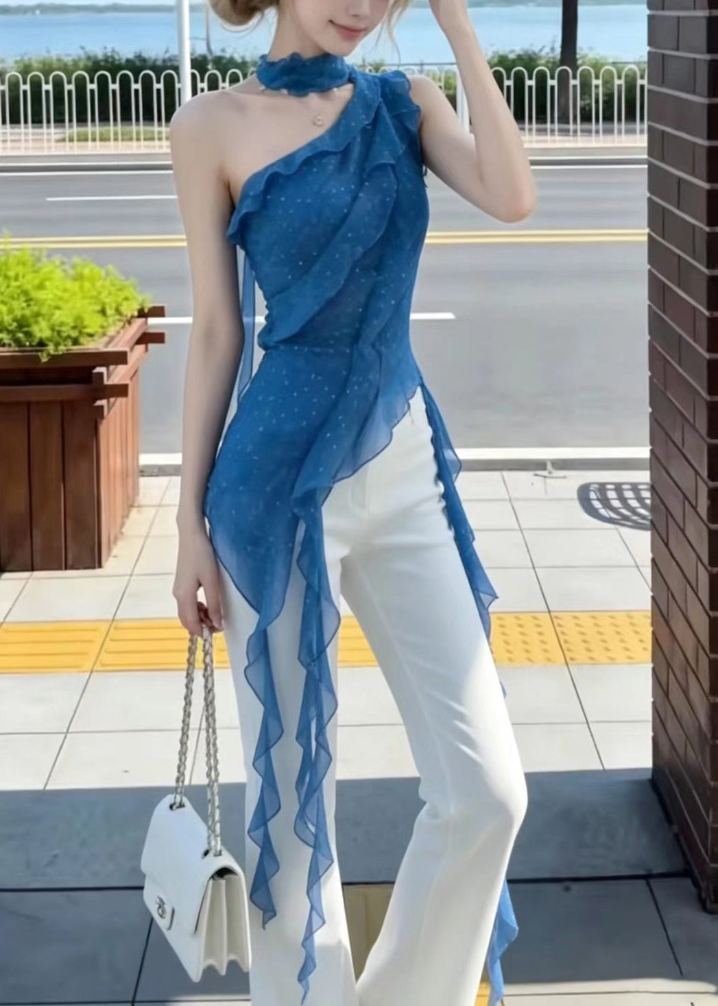 French Blue Dot One Shoulder Asymmetrical Chiffon Tank Sleeveless