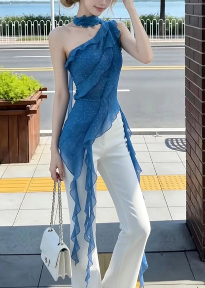 French Blue Dot One Shoulder Asymmetrical Chiffon Tank Sleeveless