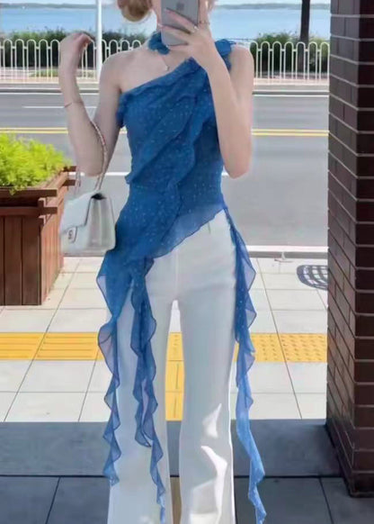 French Blue Dot One Shoulder Asymmetrical Chiffon Tank Sleeveless