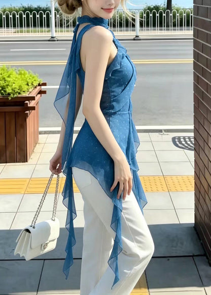 French Blue Dot One Shoulder Asymmetrical Chiffon Tank Sleeveless