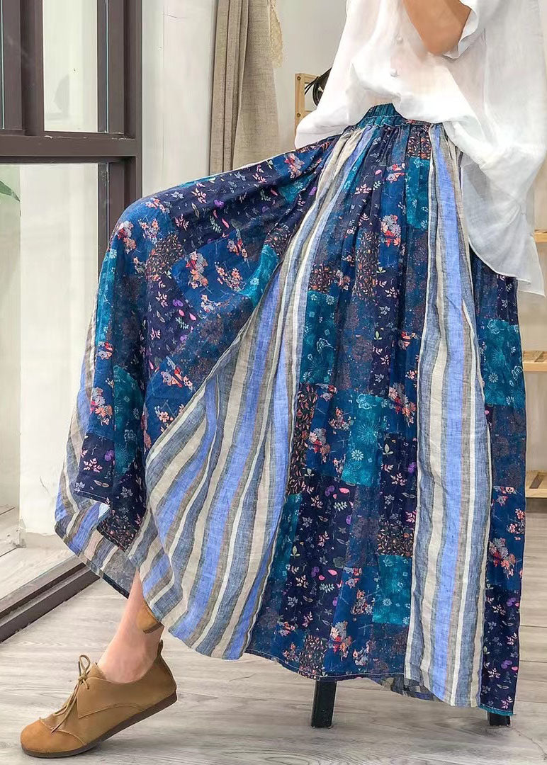 Französische blaue Patchwork-Streifen-Herbströsche mit elastischer Taille