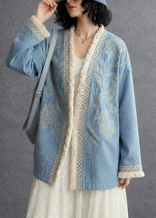 French Blue Embroidered Oversized Cotton Cardigan Fall