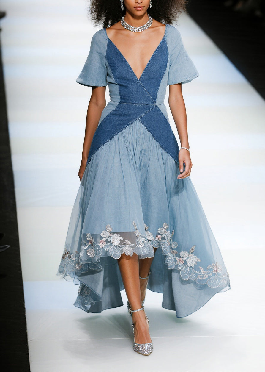 French Blue Exra Large Hem Patchwork Tulle Denim Dress Summer
