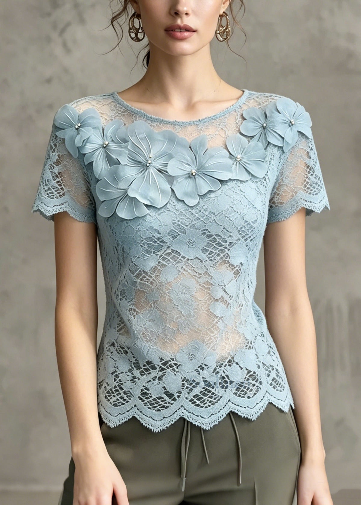 French Blue Floral Cut Out Lace Tops Summer