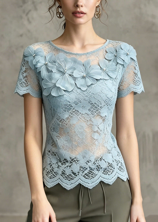 French Blue Floral Cut Out Lace Tops Summer