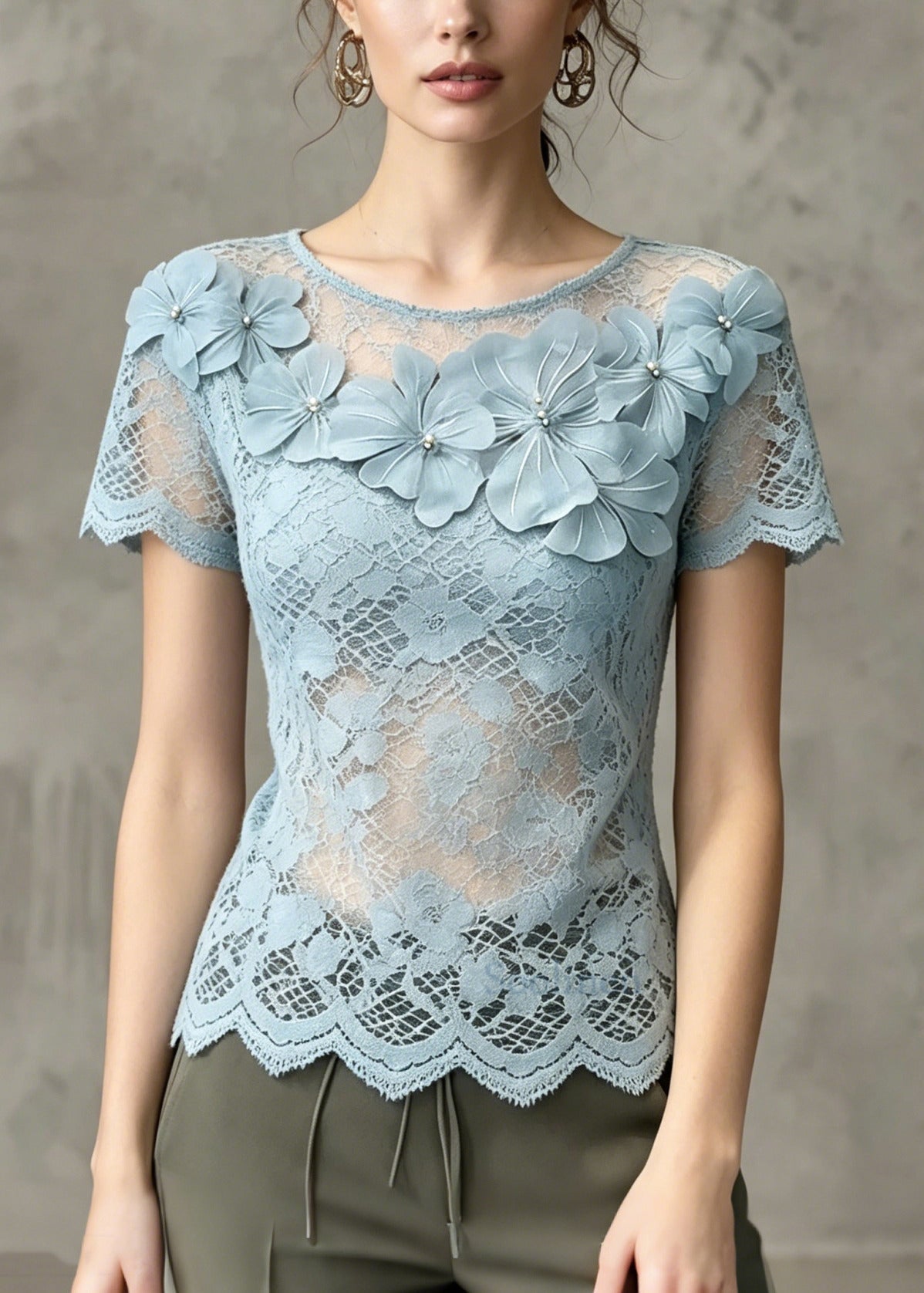 French Blue Floral Cut Out Lace Tops Summer